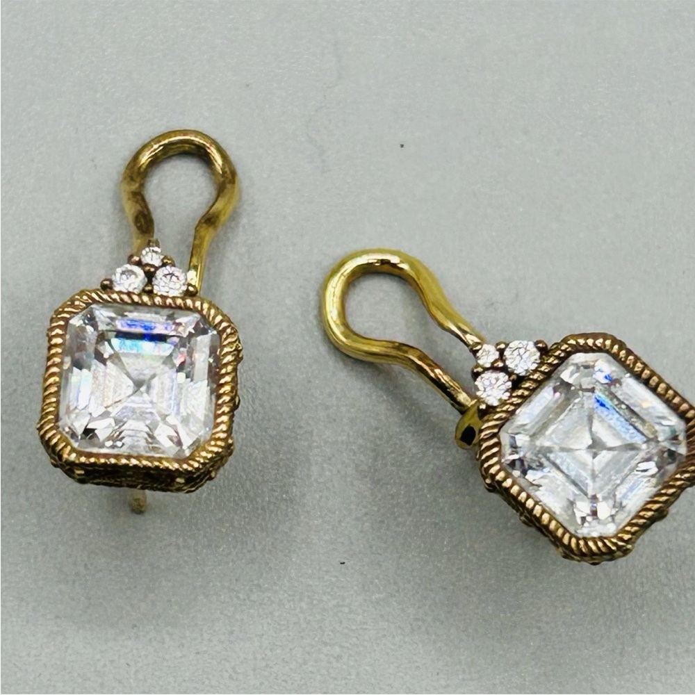 JUDITH RIPKA Square CZ  7mm pierced earrings Sterling (but look gold) Omega back - Picture 2 of 7